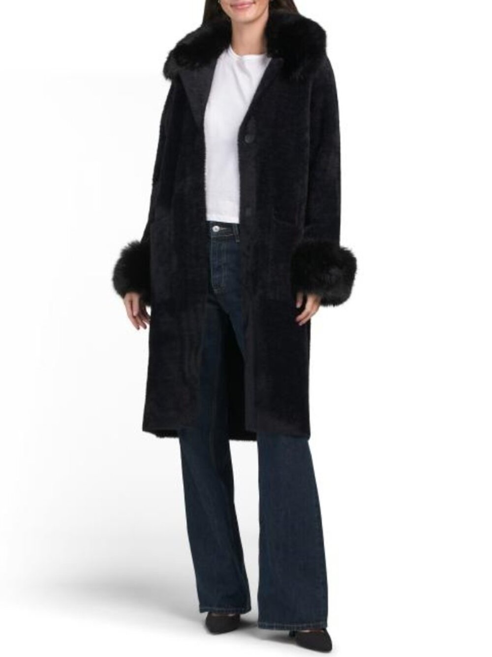 NVLT Black Longline Coatigan With Detachable Faux Fur Trim
